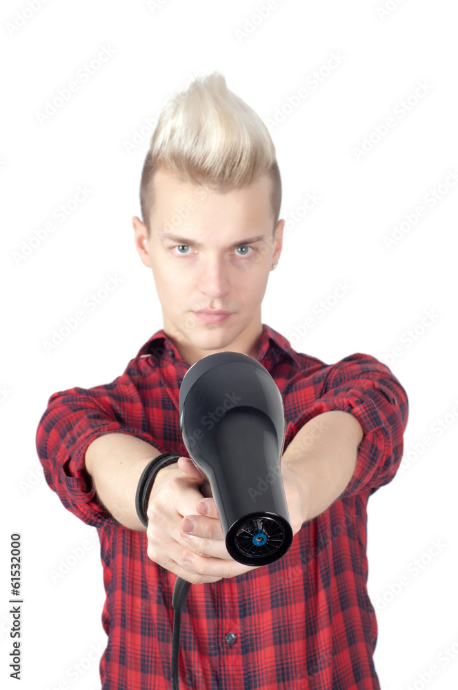 Portrait of handsome man with hairdryer Portrait of handsome man with hairdryer