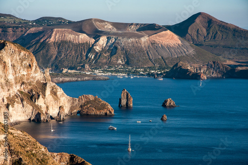 beautiful view on Vulcano island from Lipari island, Italy