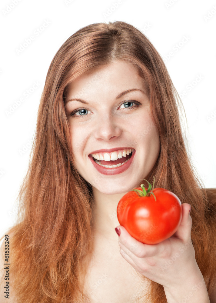 Happy beautiful young woman with tomato Happy beautiful young woman with tomato