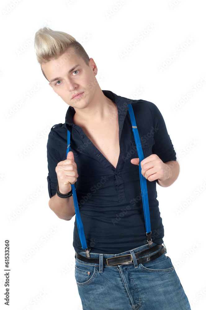 Man dressed in shirt and jeans with braces Man dressed in shirt and jeans with braces