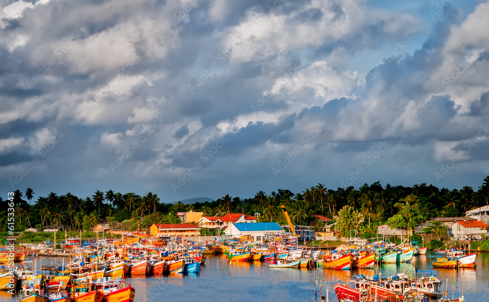 Landscape of multi colored fishing  boats