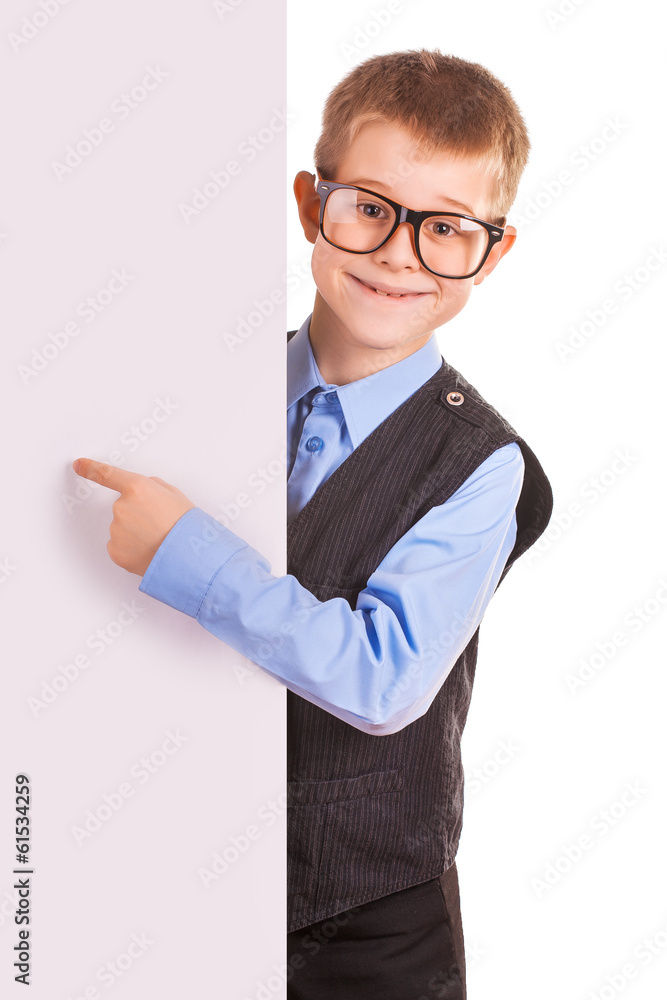 four-eyes Boy holding a banner isolated on white