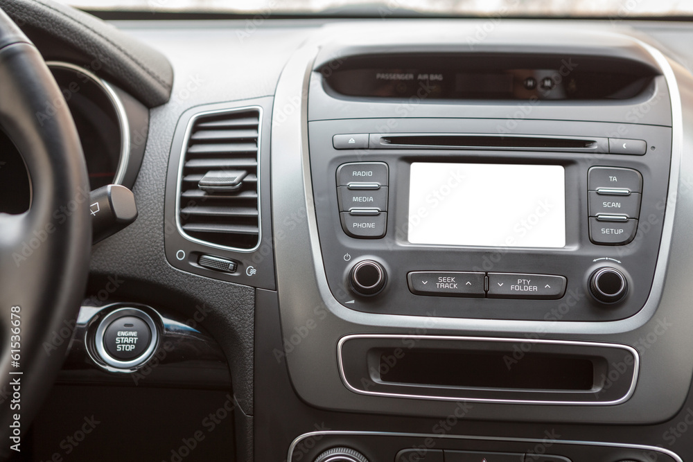 Panel of car with push-button start and white screen multimedia Panel of car with push-button start and white screen multimedia
