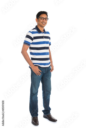 cheerful casual indian man full body isolated on white