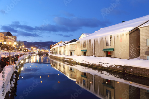 background of otaru canal in japan the winter evenning photo