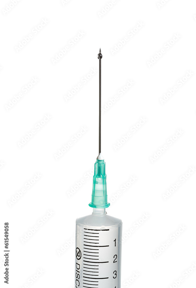 Part of plastic syringe with solution isolated on white backgrou Part of plastic syringe with solution isolated on white backgrou