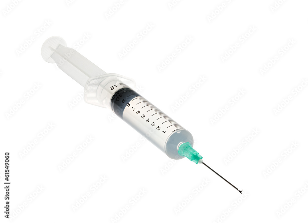 Plastic syringe with solution isolated on a white background Plastic syringe with solution isolated on a white background