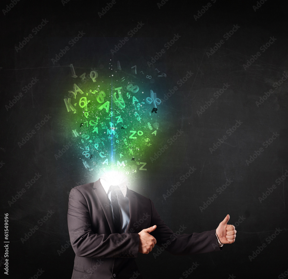 Business man with abstract glowing letters on head