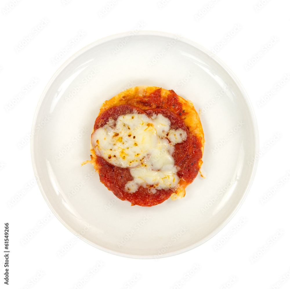 Small pizza on a small dish Small pizza on a small dish