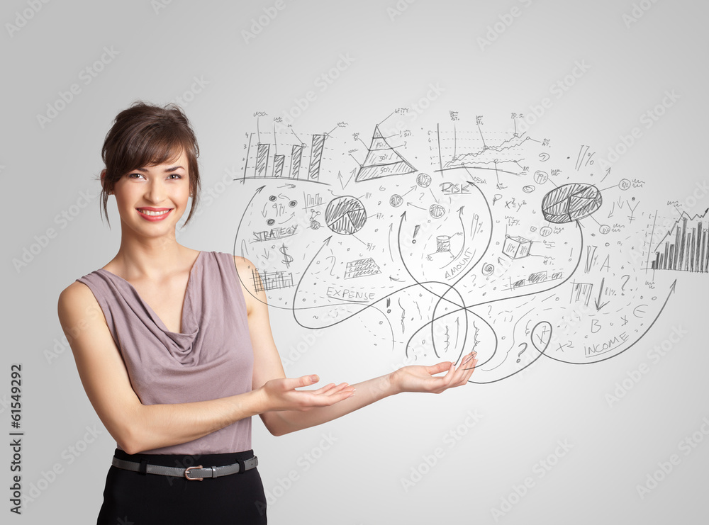 Business girl presenting hand drawn sketch graphs and charts Business girl presenting hand drawn sketch graphs and charts