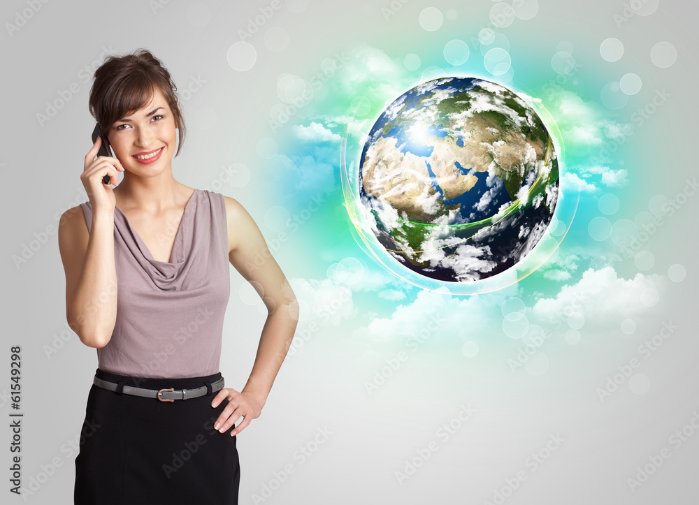 Young woman with earth and cloud concept Young woman with earth and cloud concept