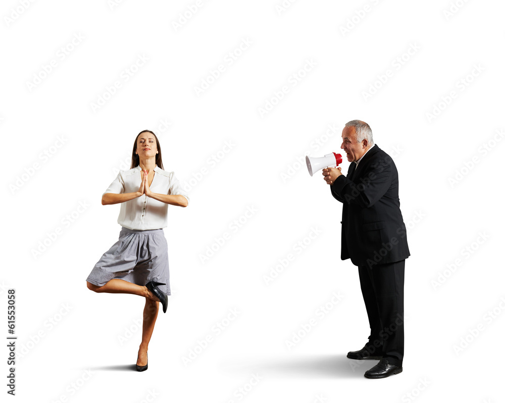 boss screaming at meditation young woman boss screaming at meditation young woman