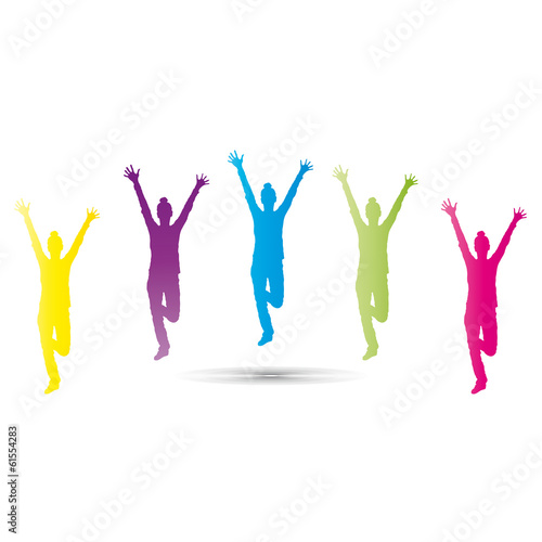 5 bunte Frauen springen