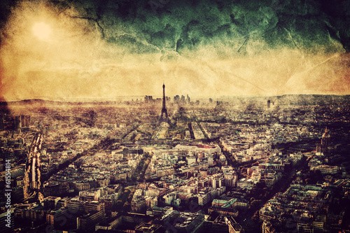 Paris, France at sunset. Aerial view on landmarks. Vintage #61554814