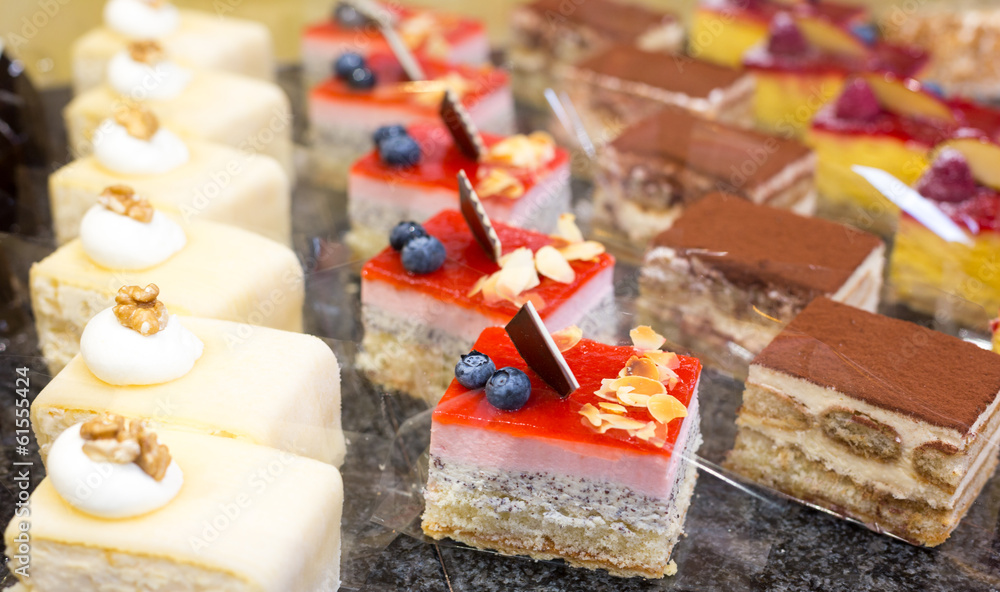 Cake displayed in confectionery or cafe Cake displayed in confectionery or cafe