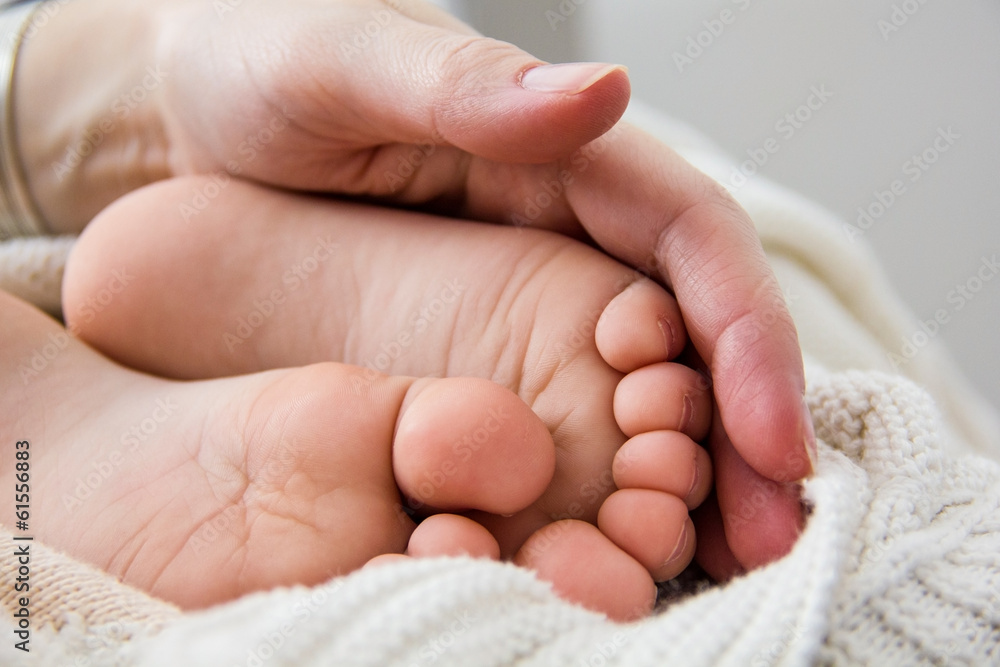A mother holding the feet of her baby son A mother holding the feet of her baby son