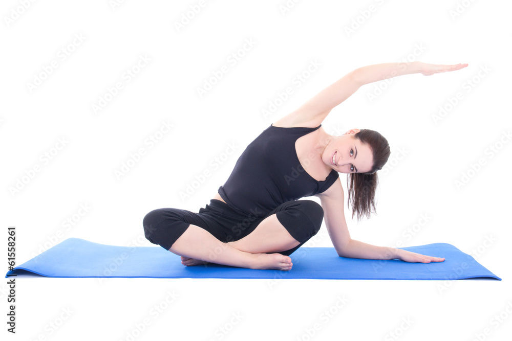 attractive woman stretching the muscles isolated on white backgr attractive woman stretching the muscles isolated on white backgr