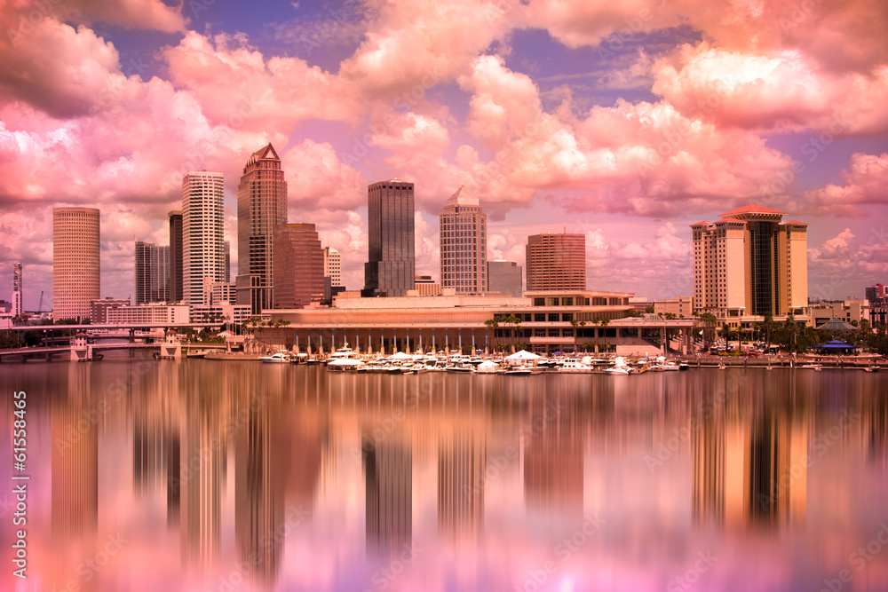Tampa Florida skyline during colorful sunset