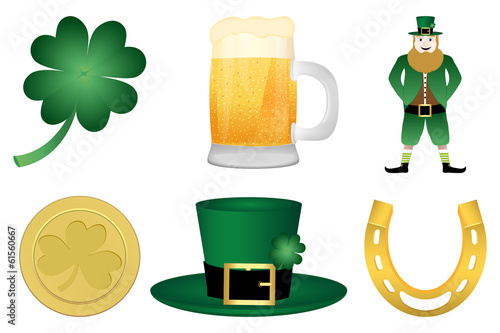 clover, hat, leprechaun, coins, beer mug, horseshoe