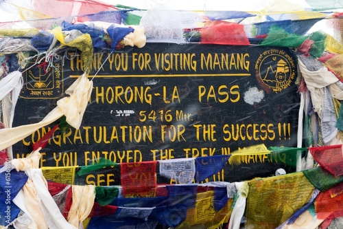Sign at Thorong La Pass, Round Annapurna Trek, Manang, Nepal photo