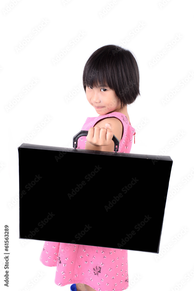 Little girl in pink dress with briefcase isolated on white backg Little girl in pink dress with briefcase isolated on white backg