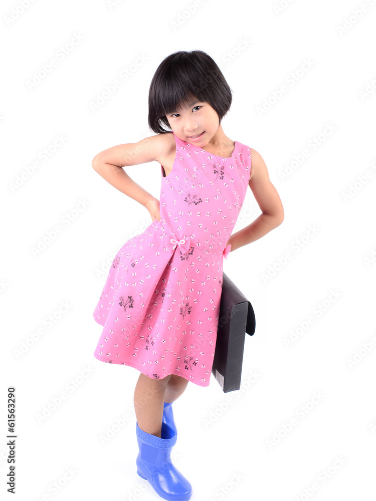 Little girl in pink dress with briefcase isolated on white backg Little girl in pink dress with briefcase isolated on white backg