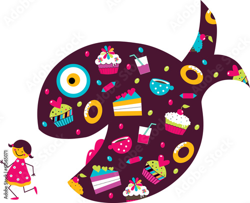 Girl run away from sweets. Vector illustration.