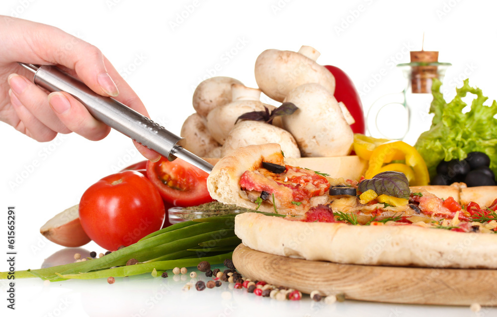 delicious pizza, vegetables, spices and oil isolated on white delicious pizza, vegetables, spices and oil isolated on white