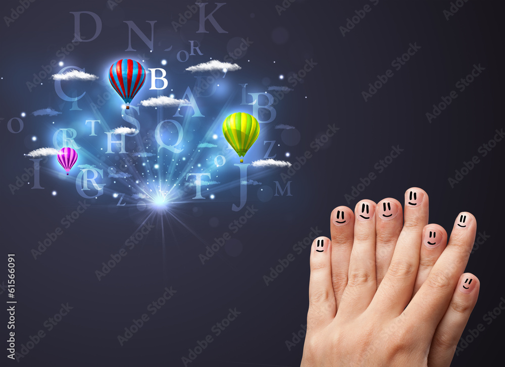 Happy smiley fingers looking at hot air balloons in the cloudy s Happy smiley fingers looking at hot air balloons in the cloudy s