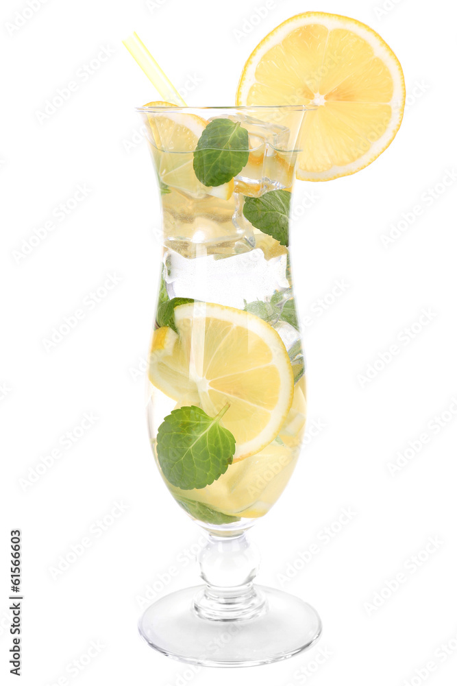 Fototapeta premium Glass of cocktail with lemon and mint isolated on white