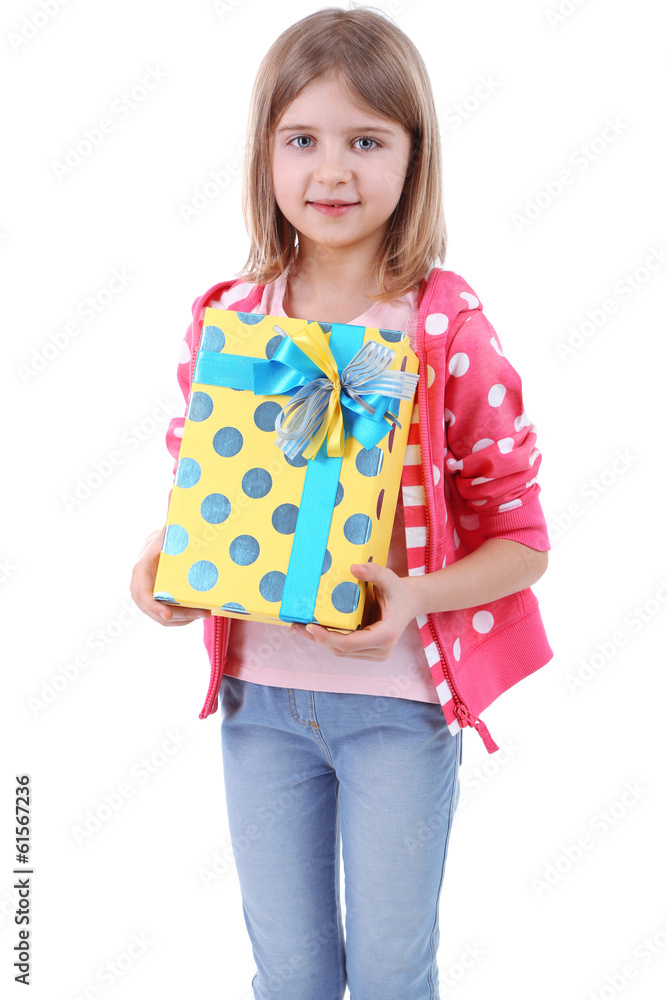 Beautiful little girl holding present box isolated on white Beautiful little girl holding present box isolated on white