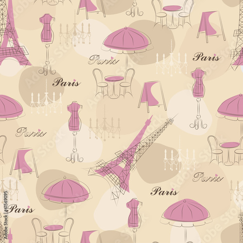 Stylish seamless pattern with eiffel tower , cafe and mannequin