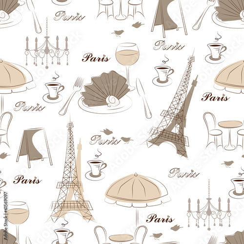 Stylish seamless pattern with eiffel tower , cafe and bird