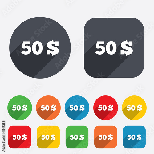 50 Dollars sign icon. USD currency symbol.