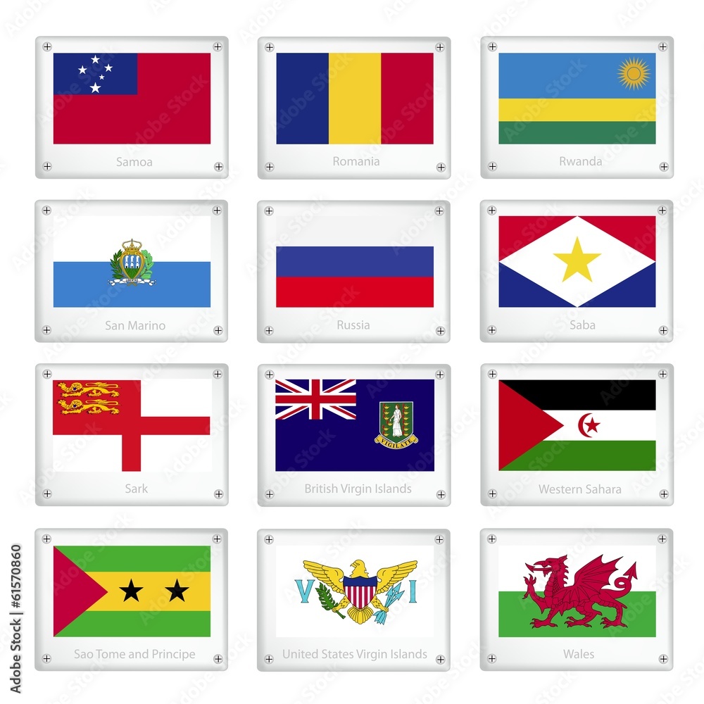 Twelve Countries Flags on Metal Texture Plates