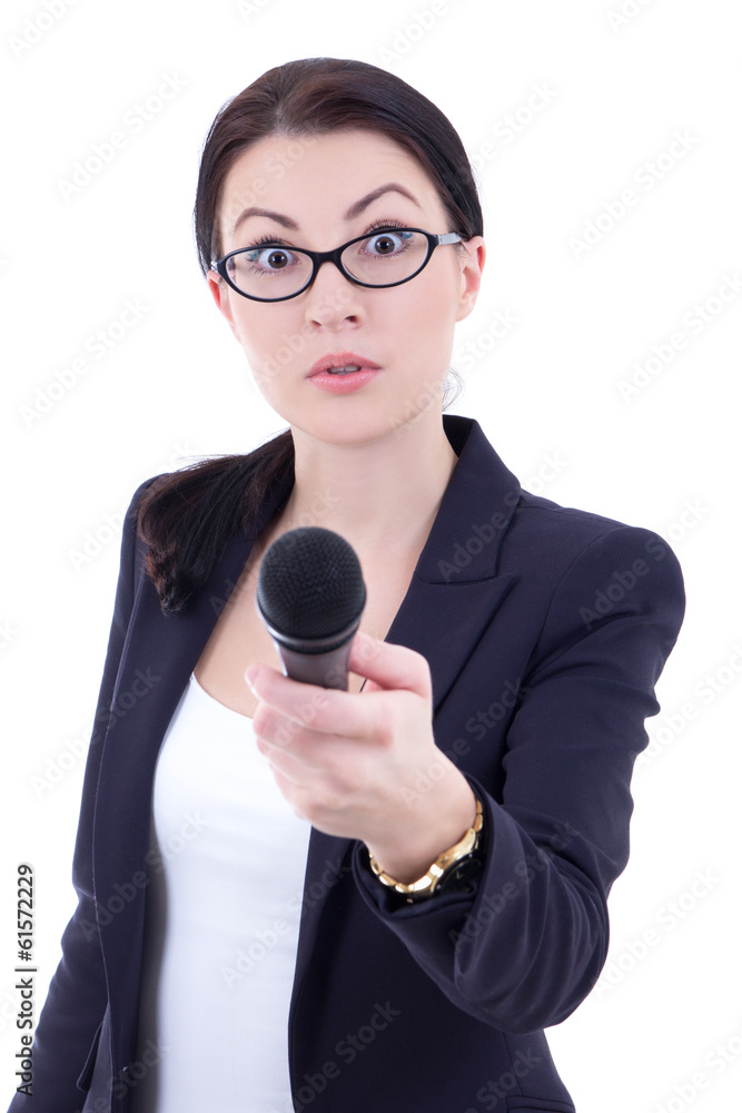 funny young female journalist with microphone isolated on white funny young female journalist with microphone isolated on white