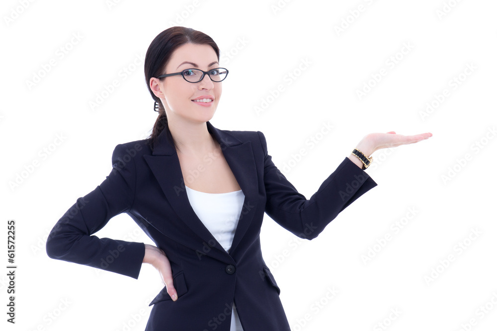 business woman presenting a copyspace isolated on white business woman presenting a copyspace isolated on white