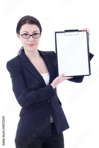 young business woman showing clipboard isolated on white