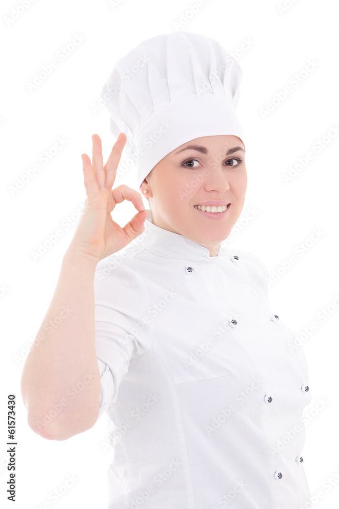 young cook woman in uniform showing ok sign isolated on white young cook woman in uniform showing ok sign isolated on white