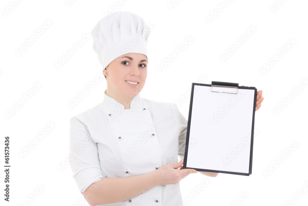 portrait of young cook woman in uniform holding clipboard with c portrait of young cook woman in uniform holding clipboard with c