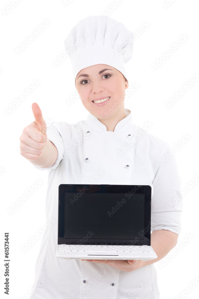 cook woman holding laptop with empty screen and thumbs up isolat cook woman holding laptop with empty screen and thumbs up isolat