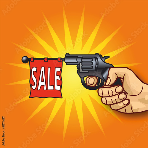Hand mit Revolver und Verkauf