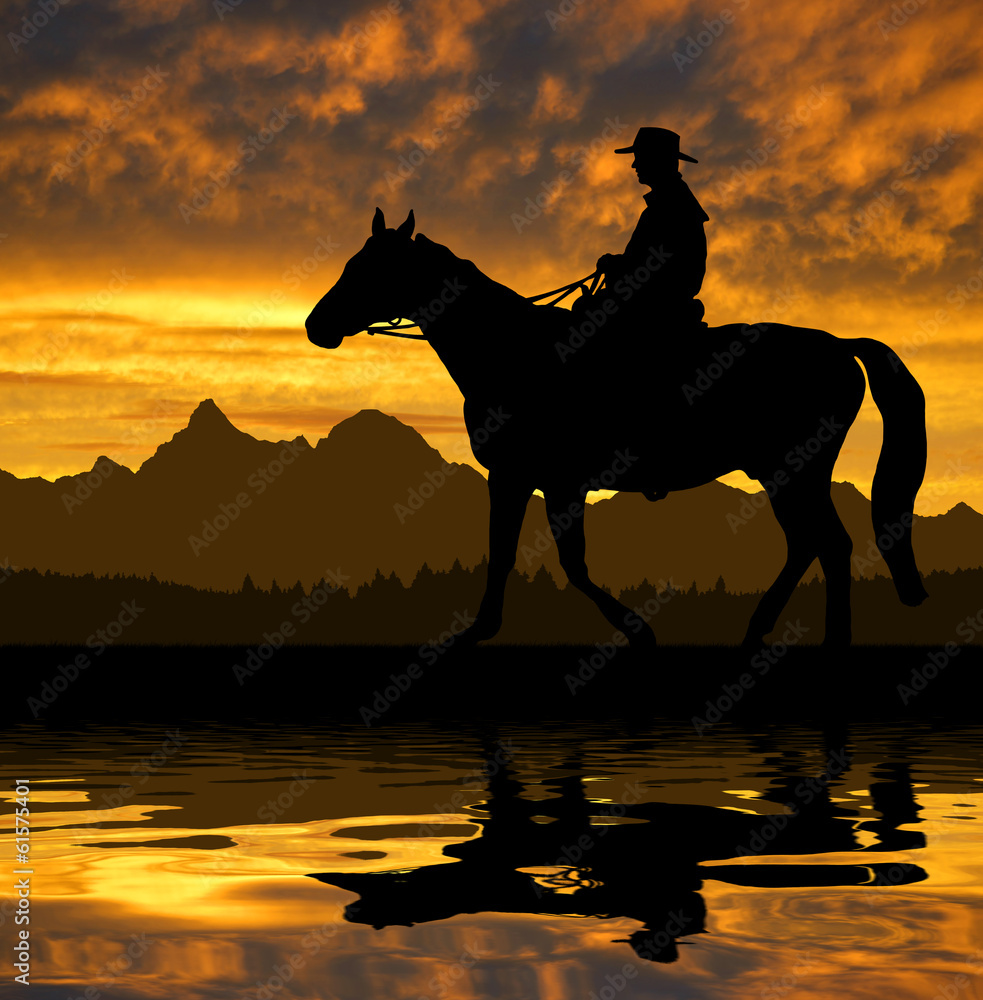 Silhouette cowboy with horse in the sunset