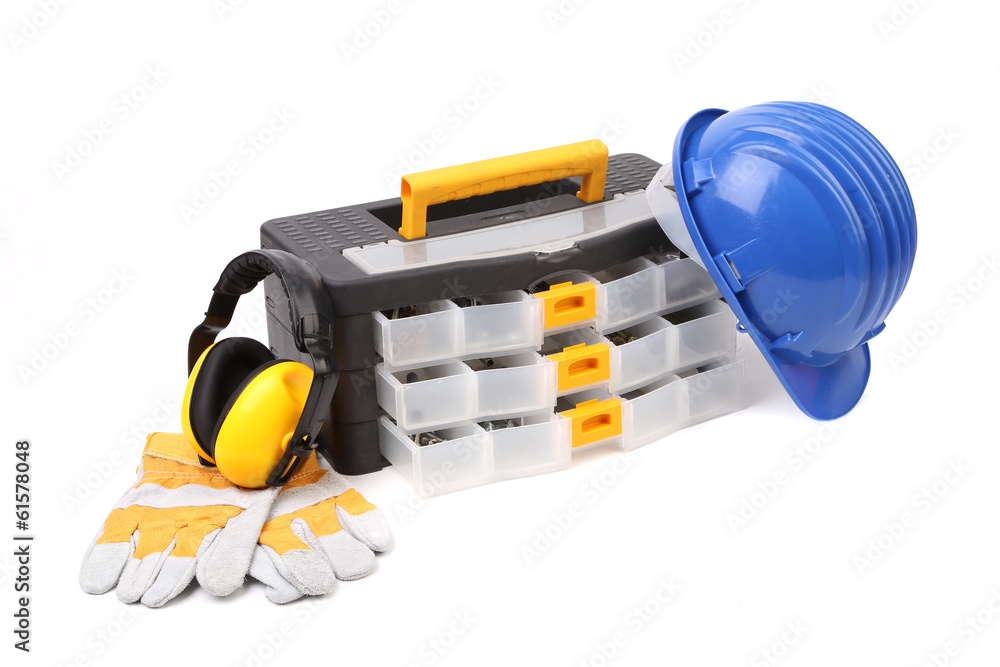 Toolbox with earmuffs gloves and hardhat. Toolbox with earmuffs gloves and hardhat.