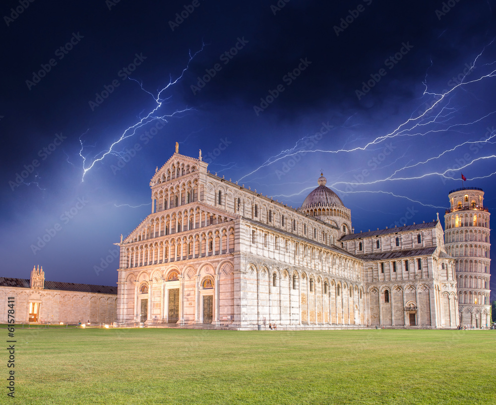 Pisa. Storm over Piazza dei Miracoli. Miracles Square with Cathe