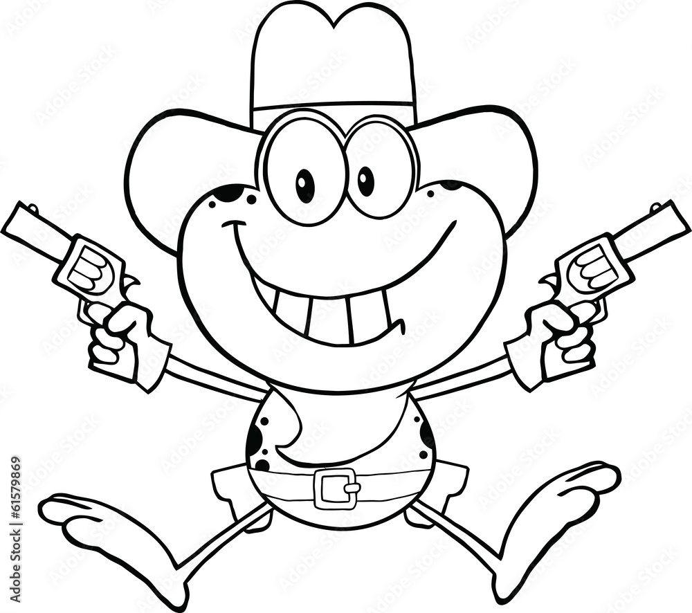Black And White Cowboy Frog Character Holding Up Two Revolvers Black And White Cowboy Frog Character Holding Up Two Revolvers