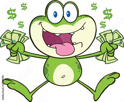 Crazy Green Frog Cartoon Character Jumping With Cash