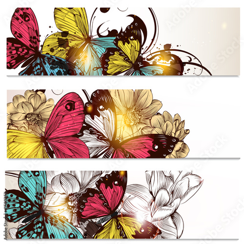 Business cards set with butterflies and  flowers  for design