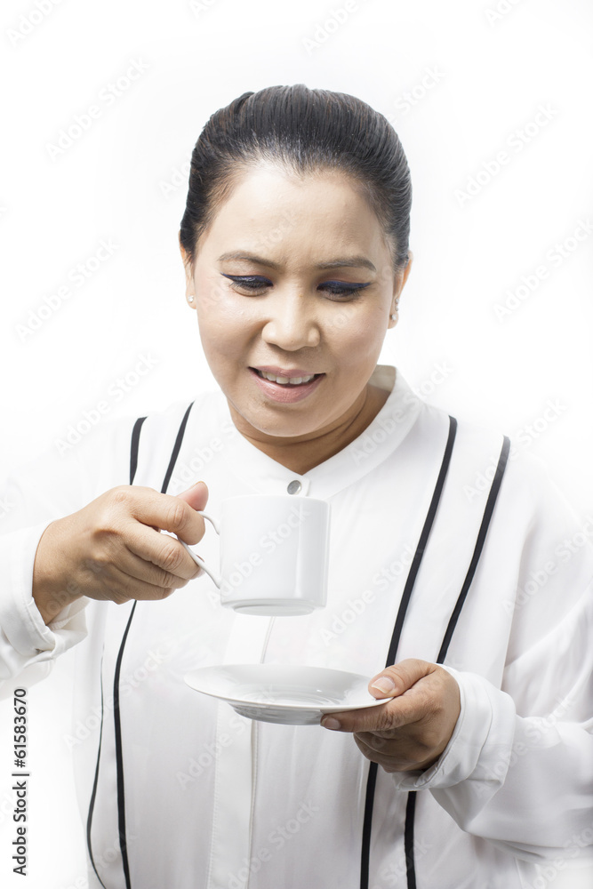 Asia woman drinking coffee on White background Asia woman drinking coffee on White background