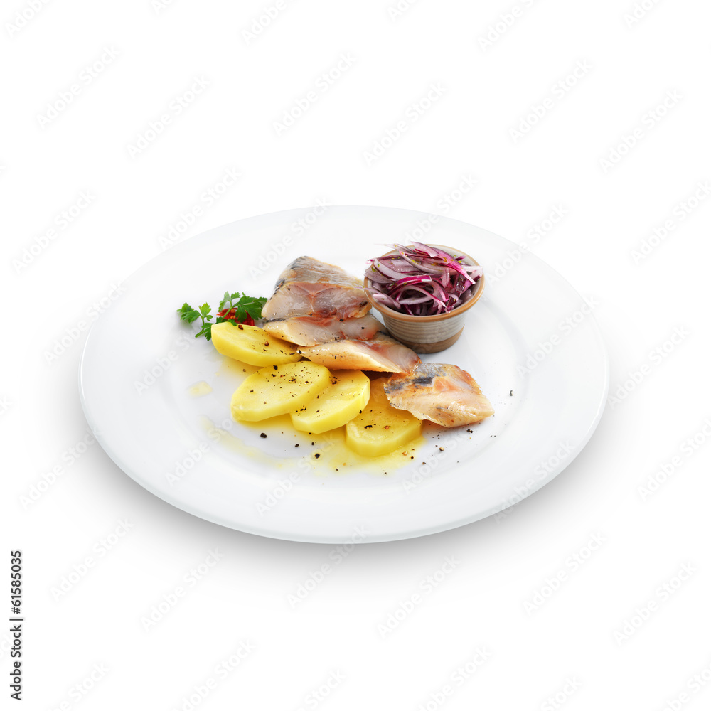 Healthy salted herring with baked potatoes, onion and fennel is Healthy salted herring with baked potatoes, onion and fennel is